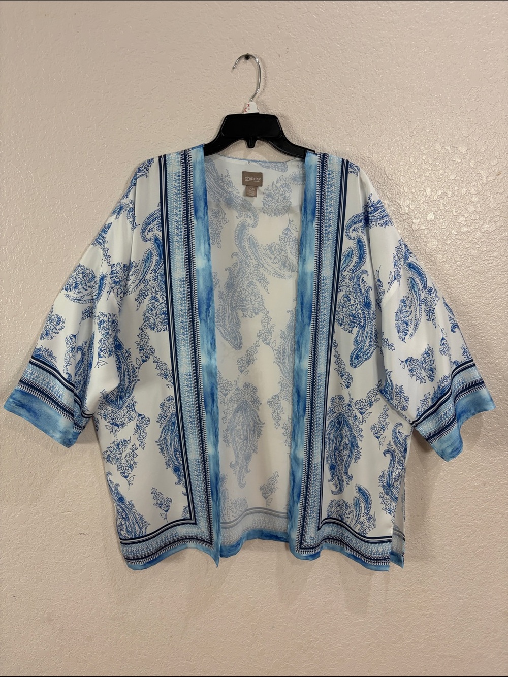 Chico’s ,Size L/XL,Blue & White Paisley Open Kimono